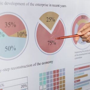 Close up of male hand pointing on big monitor display.